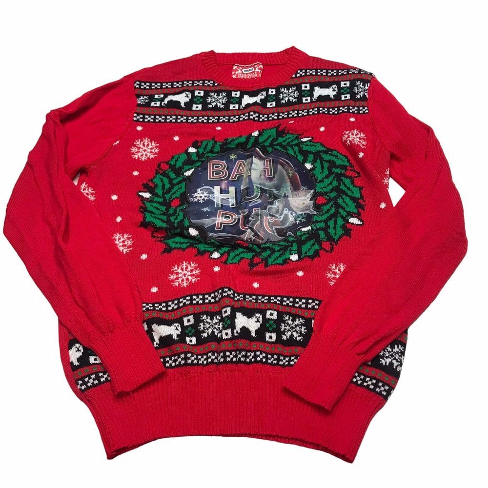 Hybrid‎ Holiday Sweater "Bah Hum Pug" Medium Hologram  Red Christmas Long sleeve